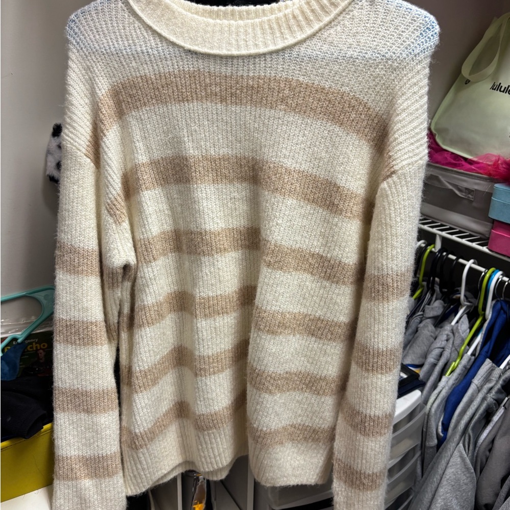 American Eagle Outfitters Cream and Tan Striped Sweater